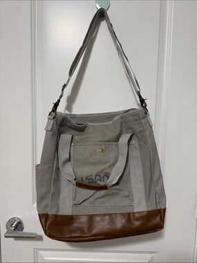 Gray Canvas Duffel Tote with Brown Leather Base